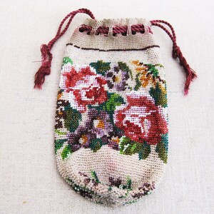 Vintage Beaded Handbag, Floral Evening Draw String Crocheted Purse