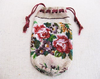 Vintage Beaded Handbag, Floral Antique Evening Bag, Draw String Crocheted
