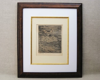 Vintage Seashore Etching of Nubble Lighthouse by Margaret Kilburn Framed Original Fine Art Print