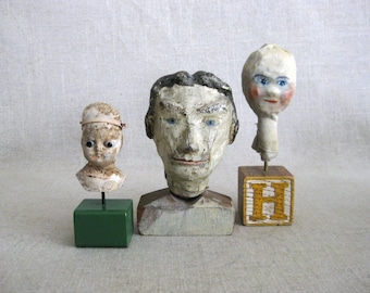 Vintage Folk Art Bust Sculpture Collection, Antique Doll Heads on Stands