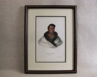 Framed Vintage Male Portrait Hand Colored Litho of Omakas Chief Indigenous People