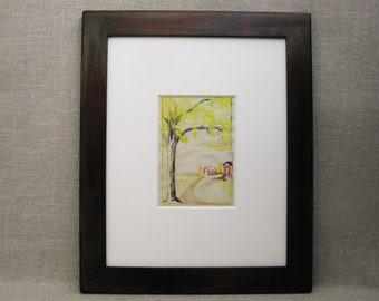 Naïve Folk Art House Portrait, Original Watercolor Drawing, Framed Primitive Wall Art, Architecture Rustic Décor