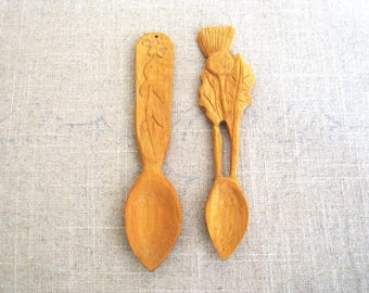 Rustic Folk Art Loving Spoon, Wooden Hand Carved Flower Design, Vintage Wedding and Housewarming Gift