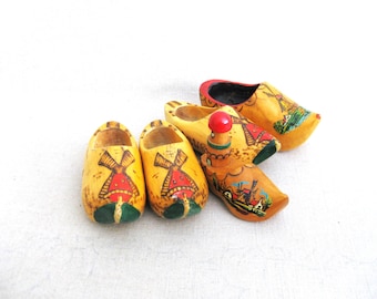 Vintage Collection of Miniature Wooden Clog Shoes, European Folk Art Hand Painted Footwear