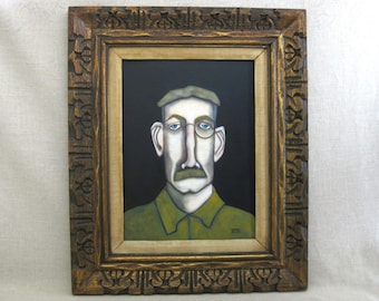 Large Framed Moustache Male Portrait Painting, Original Wall Art Masculine Home Décor