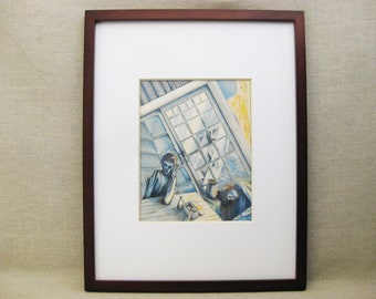 Surreal Male Portrait Drawing, Original Vintage Framed Wall Art Unusual Home Décor