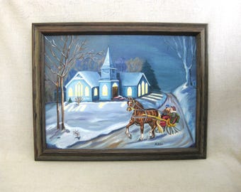 Folk Art Winter Landscape Painting, Original Framed Wall Art, Antique Primitive Rustic Cabin Décor