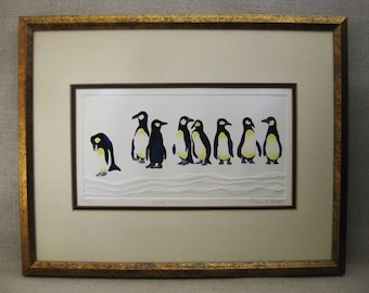 Vintage Penguin Art, Watercolor Painting, Laura M Batt, Framed Original Fine Art