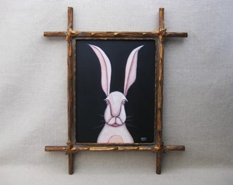 Original White Albino Rabbit Portrait Painting, Framed Wall Art Antique Eastlake Frame Hare Wildlife Home Décor