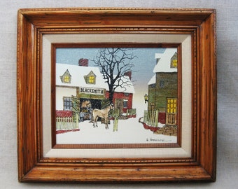 Winter Vintage Landscape Serigraph Painting by Hargrove Framed Fine Art Wall Décor Farm and Cabin