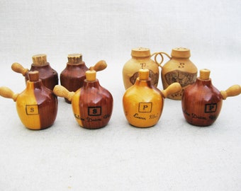 Vintage Salt and Pepper Wooden Jug Shaped Collection of 8, Table Top Souvenir Collectibles Rustic Cabin Décor