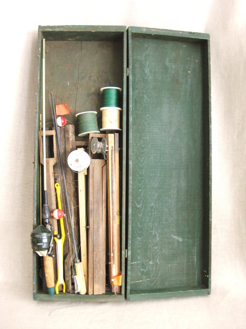 Vintage Rustic Primitive Wooden Green Ice Fishing Tackle Box Etsy