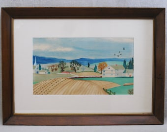 Folk Art Vintage Landscape Painting Watercolor Summer Framed Original Wall Art Rustic Cabin Home Décor Wedding Gift