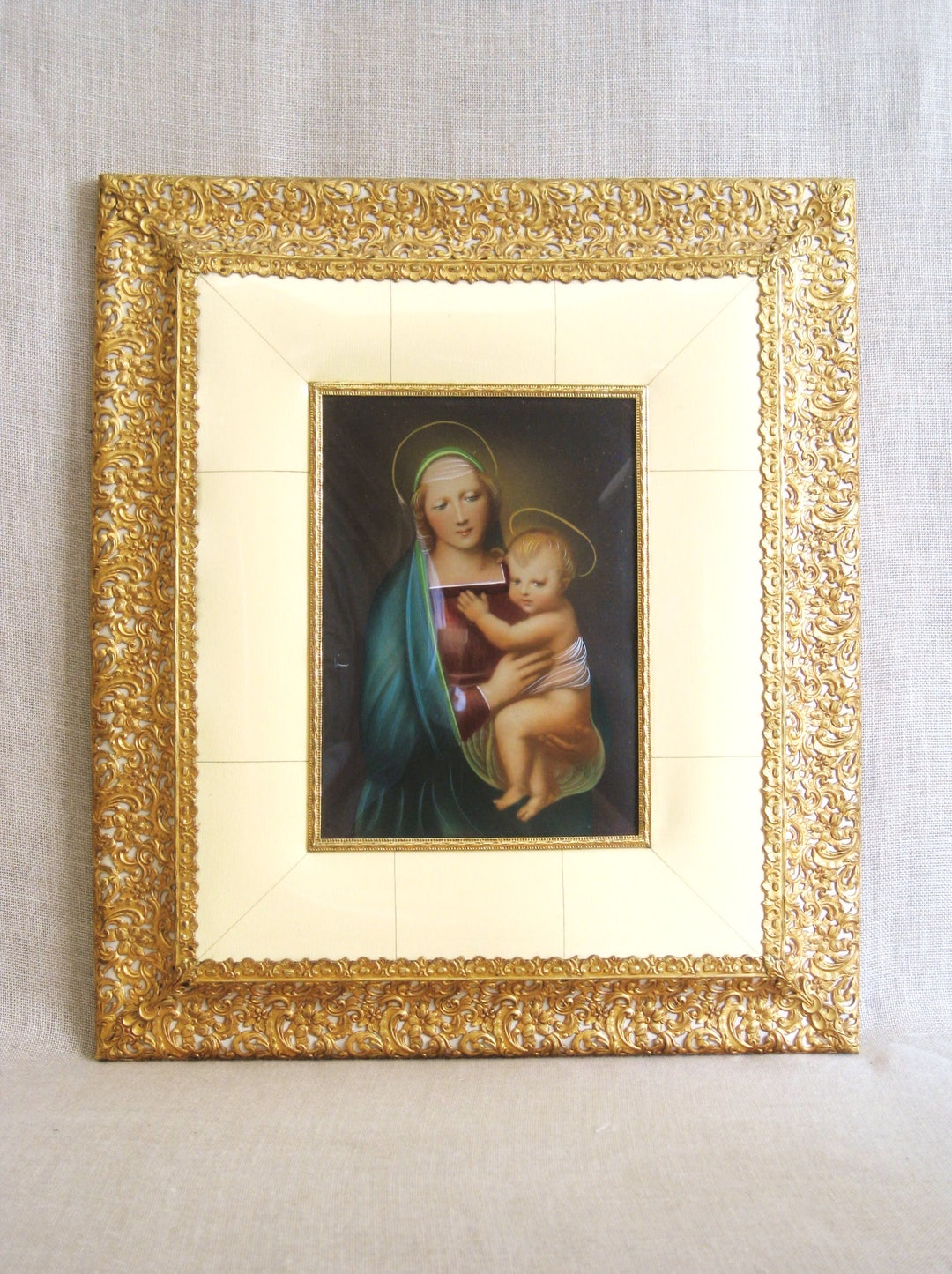 Female Portrait Vintage Religious Hand Painted Print Madonna and Child ...