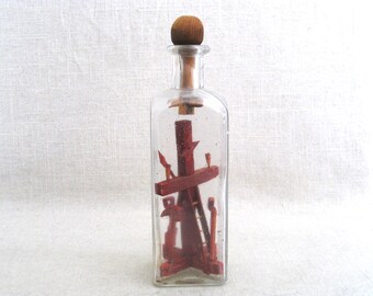 Folk Art Bottle Whimsy Sculpture, Antique Religious Outsider Tramp Art Assemblage