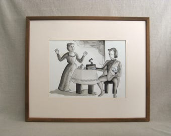 Vintage Male Portrait Ink Drawing, Framed Original Female Wall Art