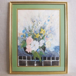 Vintage Floral Still Life Painting, Original Watercolor Flower Framed Wall Art Cottage Décor