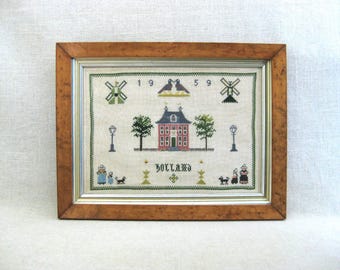 Vintage Cross Stitch, 1959 Hand Embroidery House Portrait, Mid-Century