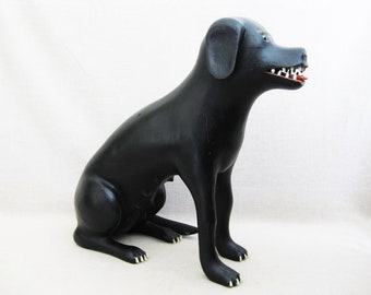 Vintage Folk Art Dog Sculpture Animal Wood Carving Black