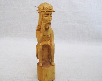 Vintage Jesus Folk Art Carving Male Portrait Religious Sculpture for Home Altar