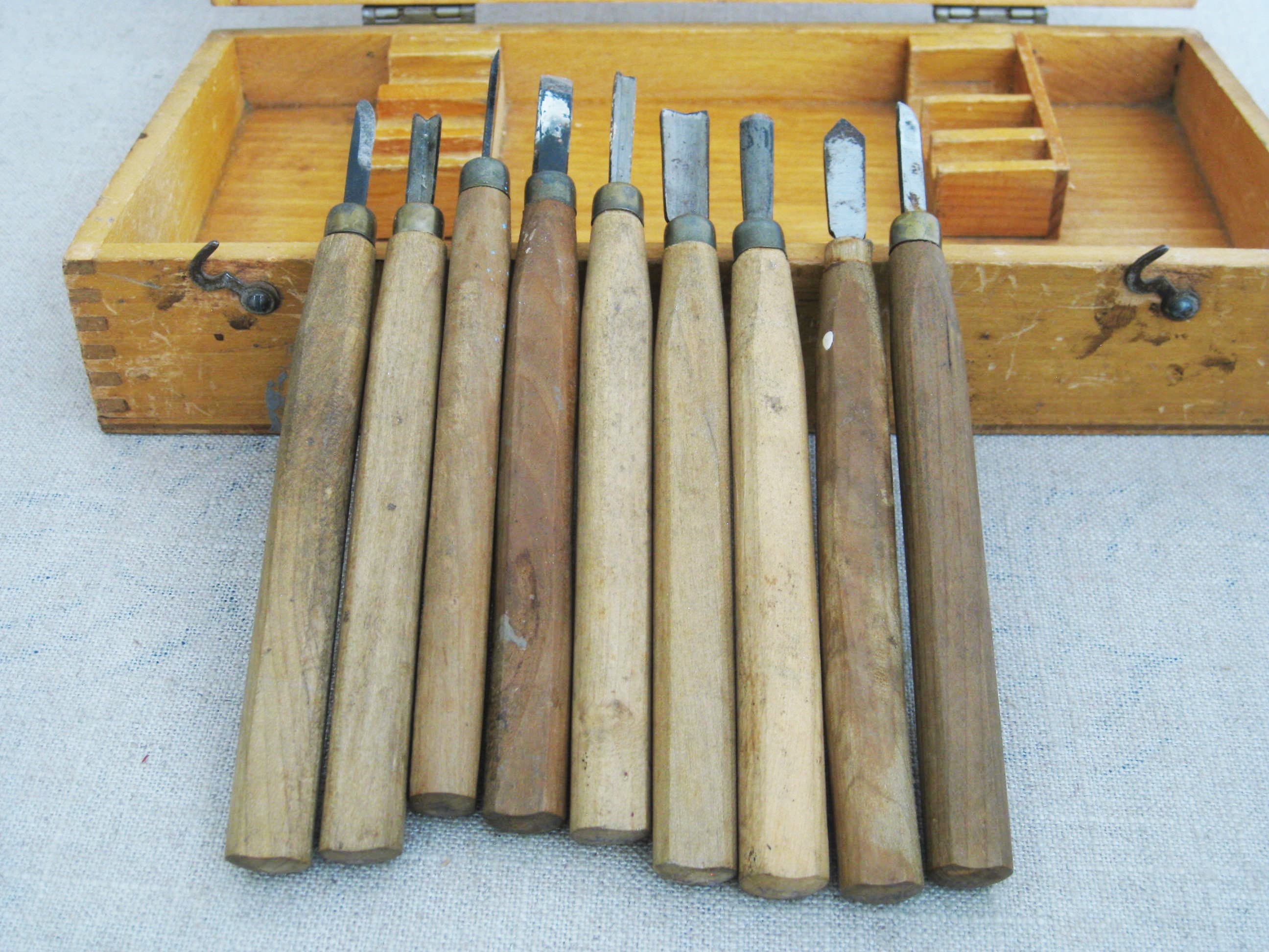 Vintage Wood Carving Set, Chisels and Blades, In Antique Box