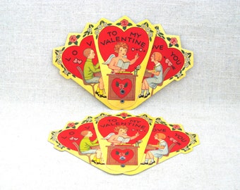Antique Valentines Cards, Mechanical Fold Out Fan, Pair Love and Romance Gift, Home Décor