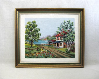 Large Landscape Needlepoint, Original Framed Vintage Hand Embroidery Wall Art Home Décor