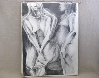 Surreal Female Portrait Drawing, Original Vintage Wall Art, Sara Drower, UNFramed Home Décor