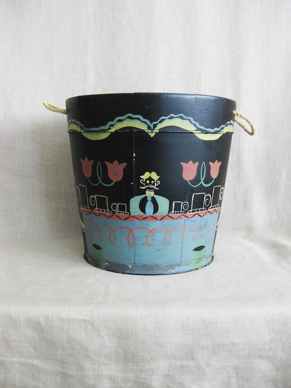 Vintage Helen Hume Bucket, Hand Painted Wooden Folk Art Waste