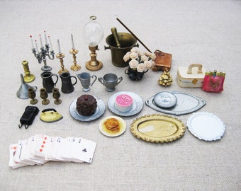 Vintage Dollhouse Miniatures, Dishes and Table Top Accessory Collection, Art Supplies