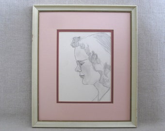Classical Original Female Portrait Drawing, Pencil on Paper Framed Wall Art Hilda Wilson Chicago Artist