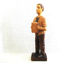 Folk Art Male Figure Carving Sculpture, Vintage Wood Portrait Statue, Rustic Cabin Home Décor