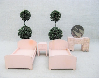 Vintage Wooden Doll House Furniture Pink Bedroom Suite Miniatures