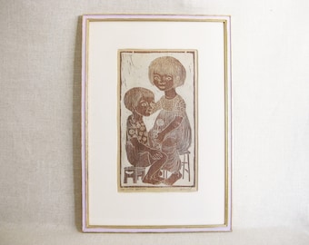 Female Portrait Woodcut Print Child, Helen Siegl, Framed Original Fine Art Print