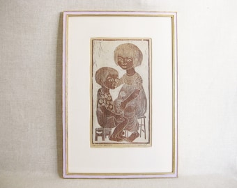 Vintage Woodcut Print Child Portrait, Helen Siegl, Framed Original Fine Art Print