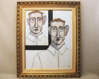 Large Framed Male Portrait Painting, Original Wall Art Masculine Home Décor