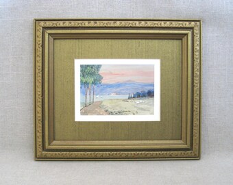 River Landscape Painting, Original Vintage Watercolor, Framed European Sheep Wall Art