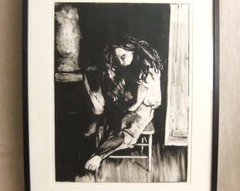 Large Female Portrait Fine Art Print, Original Monotype Framed Wall Art Contemporary Home Décor