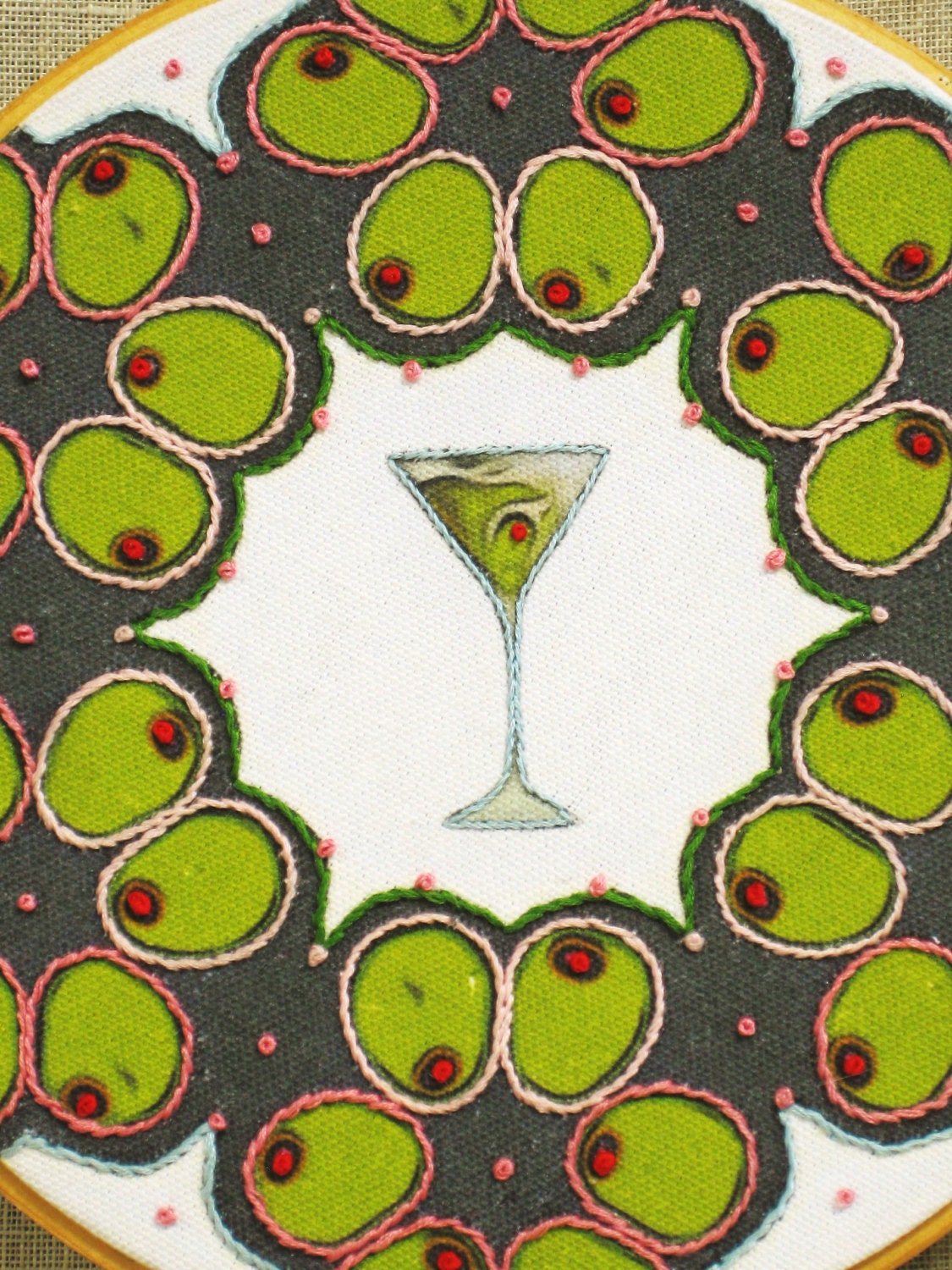 Hoop Art Embroidery Hand Embroidered Martini Olives