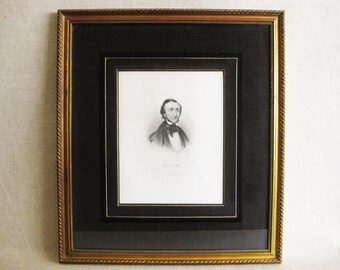 Vintage Male Poet Portrait Engraving, Edgar Allen Poe, Framed Original Fine Art Print, Masculine Library Décor