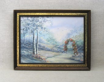 Vintage Floral Landscape Painting, Framed Original Wall Art Country Cottage Cabin Décor