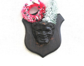 Folk Art Vintage Match Holder Wooden Male Portrait Figural Carving Wall Hanging Sculpture