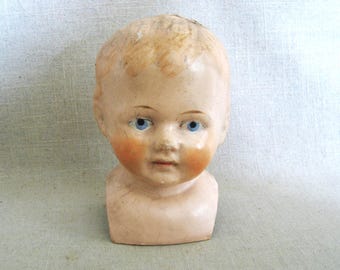 Vintage Paper Mache Doll Head, European Antique Toys, Male Bust Figure