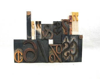 Letterpress Wood Block Dollar Sign and Percentage Symbol, Vintage Printing Assemblage and Mixed Media Supplies