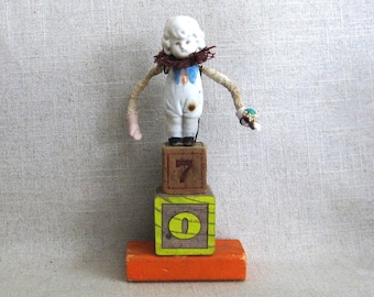 Folk Art Doll Assemblage Sculpture, Antique Bisque Ceramic Male Portrait