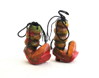 Vintage Miniature Boots Folk Art Sculpture Carving Wooden Shoe Pair Primitive Rustic Décor Tree Ornament