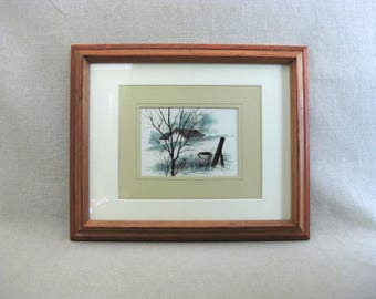 Winter Landscape Watercolor Barn Painting, Original Framed Wall Art Signed Bilyeau