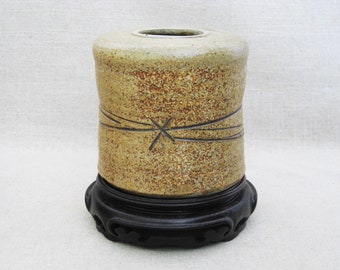 Vintage Studio Pottery Vase, Ceramic on Carved Wooden Base Rustic Chinoiseries Home Décor