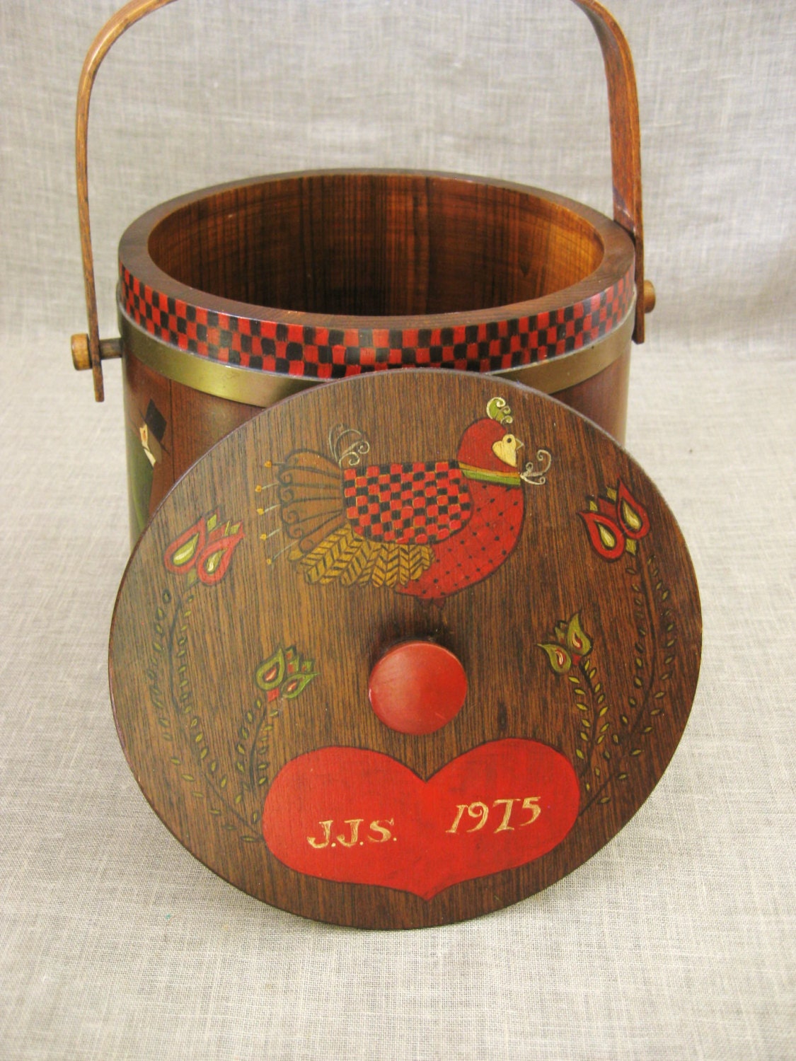 Vintage Folk Art Round Wooden Box, Hand Painted, Pennsylvania Dutch, Storage, Organization