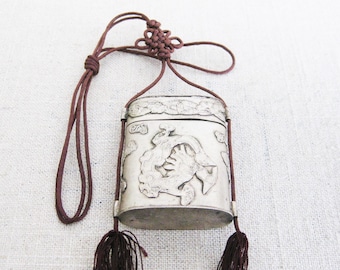 Vintage Box Pendant Nose Gay Jewelry Small Metal Asian Box on Cord Chinoiseries Hostess Gift